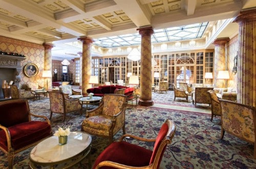 Lounge area at Hotel Kulm in St. Moritz, Switzerland. Travel with World Lifetime Journeys