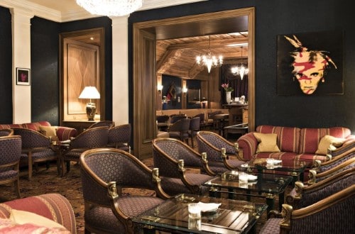 Lounge area at Hotel Kulm in St. Moritz, Switzerland. Travel with World Lifetime Journeys