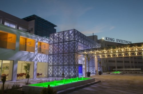 Main entrance at King Evelthon Beach Hotel on Paphos, Cyprus. Travel with World Lifetime Journeys