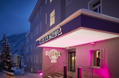 Main entrance at Hard Rock Hotel Davos, Switzerland. Travel with World Lifetime Journeys