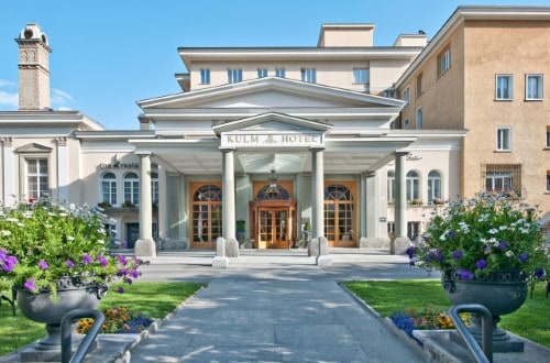 Main entrance at Hotel Kulm in St. Moritz, Switzerland. Travel with World Lifetime Journeys