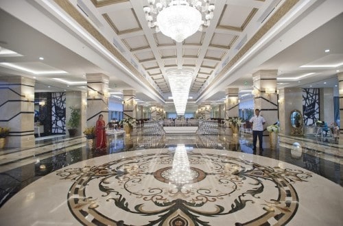 Main hall at Crystal Waterworld Resort in Belek, Turkey. Travel with World Lifetime Journeys