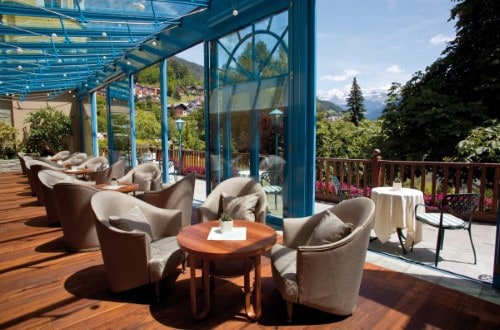 Nice terrace at Hotel Adler Dolomiti in Ortisei, Italy. Travel with World Lifetime Journeys