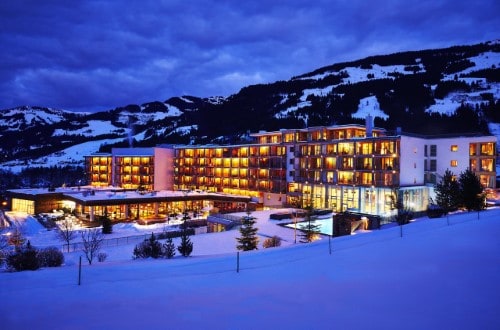 Night hotel view at Kempinski Hotel Das Tirol in Kitzbühel, Austria. Travel with World Lifetime Journeys