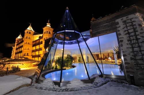 Outside hotel view at Hotel Adler Dolomiti in Ortisei, Italy. Travel with World Lifetime Journeys