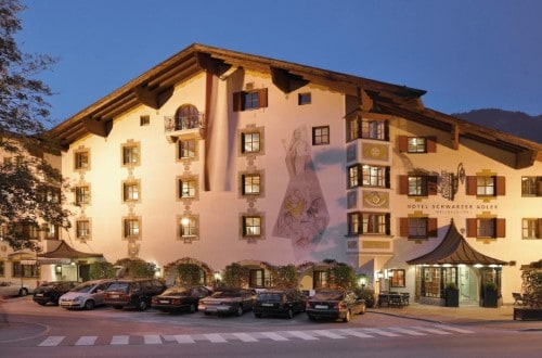 Outside hotel view at Hotel Schwarzer Adler in Kitzbühel, Austria. Travel with World Lifetime Journeys