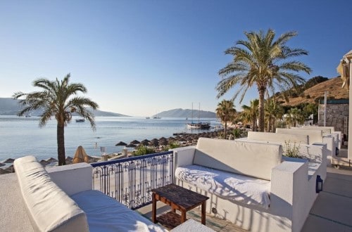 Outside lounge at Salmakis Beach Resort and Spa in Bodrum, Turkey. Travel with World Lifetime Journeys