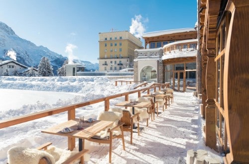 Outside terrace at Hotel Kulm in St. Moritz, Switzerland. Travel with World Lifetime Journeys