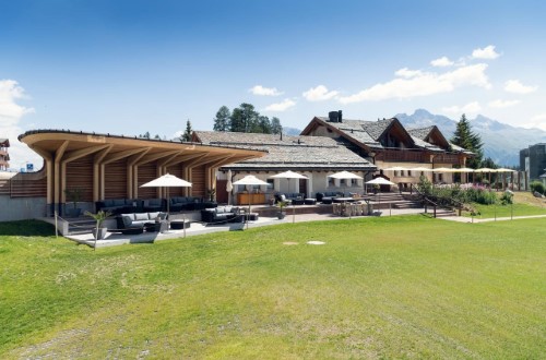 Outside terrace at Hotel Kulm in St. Moritz, Switzerland. Travel with World Lifetime Journeys