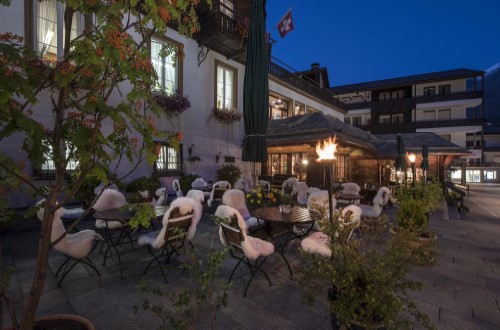 Outside terrace at Sunstar Hotel Saas Fee, Switzerland. Travel with World Lifetime Journeys