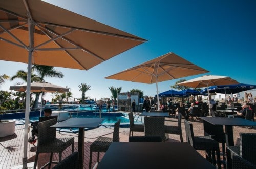 Outside terrace at Servatur Puerto Azul Hotel in Puerto Rico, Gran Canaria. Travel with World Lifetime Journeys