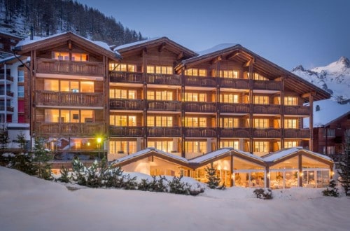 Outside view at Hotel Schweizerhof Gourmet and Spa in Saas Fee, Switzerland. Travel with World Lifetime Journeys