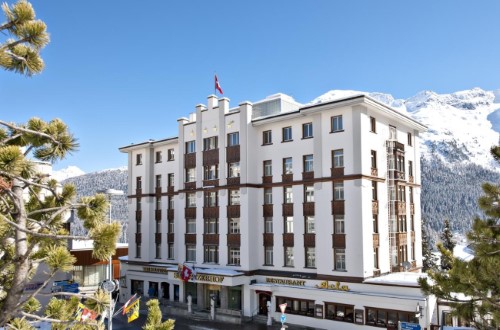 Outside view at Hotel Schweizerhof in St. Moritz, Switzerland. Travel with World Lifetime Journeys