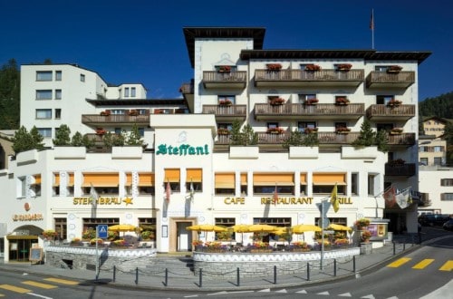 Outside view at Hotel Steffani in St. Moritz, Switzerland. Travel with World Lifetime Journeys