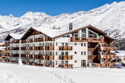 Outside view at Saaserhof Hotel in Saas Fee, Switzerland. Travel with World Lifetime Journeys