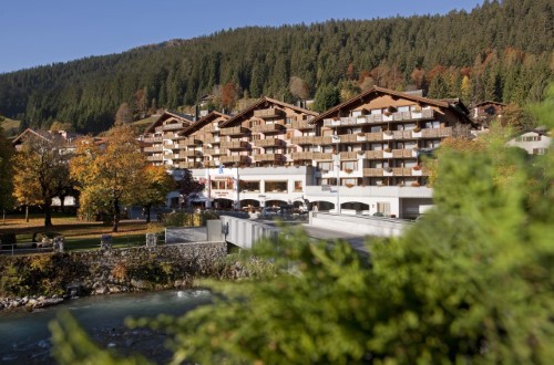 Outside view at at Silvretta Parkhotel in Klosters, Switzerland. Travel with World Lifetime Journeys