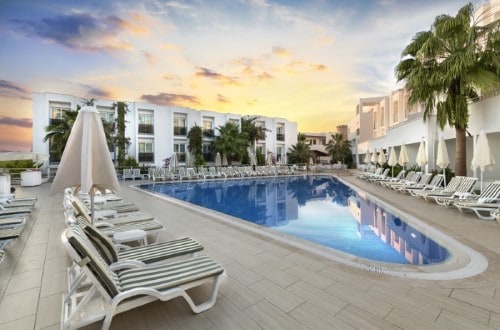 Pool area at Club Shark Hotel in Bodrum, Turkey. Travel with World Lifetime Journeys