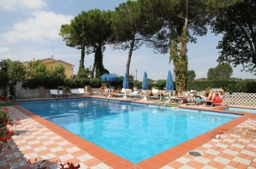 Pool side at Hotel Frank in Lido di Jesolo, Italy. Travel with World Lifetime Journeys