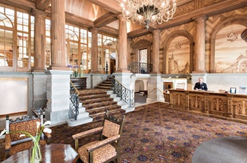 Reception area at Hotel Kulm in St. Moritz, Switzerland. Travel with World Lifetime Journeys