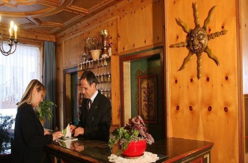 Reception area at Hotel La Plaza in Corvara, Italy. Travel with World Lifetime Journeys