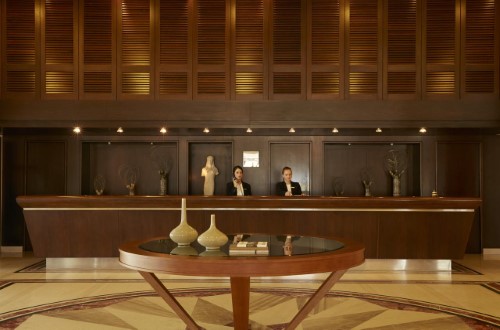 Reception area at Minoa Palace Imperial Resort and Spa in Chania area, Crete. Travel with World Lifetime Journeys