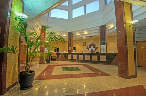 Reception area at Tsokkos Gardens Hotel in Protaras, Cyprus. Travel with World Lifetime Journeys