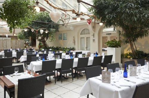 Restaurant area at Leopold Hotel in Brussels, Belgium. Travel with World Lifetime Journeys