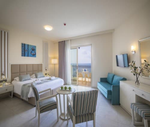 Double room at Aquamare Beach Hotel in Paphos, Cyprus. Travel with World Lifetime Journeys