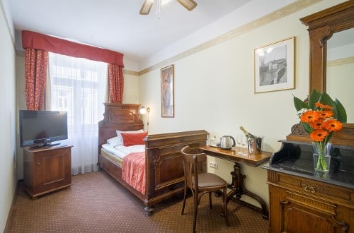 Single room at Hotel Mucha in Prague, Czech Republic. Travel with World Lifetime Journeys