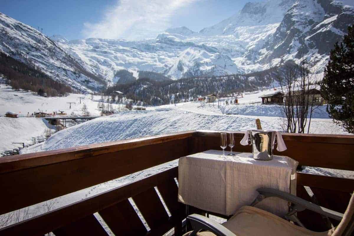 Terrace view at Bristol Hotel in Saas Fee, Switzerland. Travel with World Lifetime Journeys