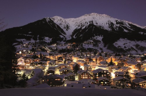 Winter night at Hotel Steinbock in Klosters, Switzerland. Travel with World Lifetime Journeys