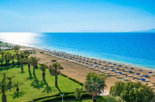 Beachfront at Sun Beach Resort Complex Hotel in Rhodes, Greece. Travel with World Lifetime Journeys