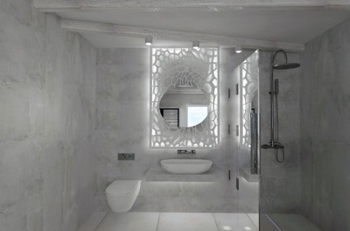 Ensuite bathroom at Mediterranean White Hotel in Santorini, Greece. Travel with World Lifetime Journeys