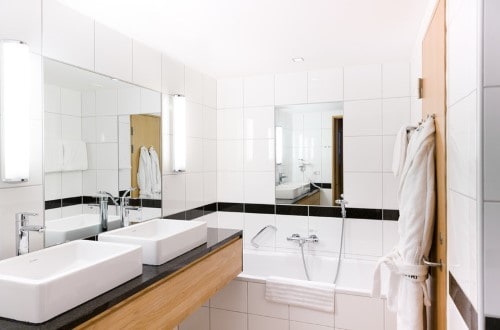 Ensuite bathroom at Skt Petri Hotel in Copenhagen, Denmark. Travel with World Lifetime Journeys