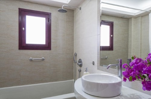 Ensuite bathroom at Veggera Hotel in Santorini, Greece. Travel with World Lifetime Journeys