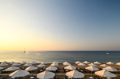 Front beach at Lindos Imperial Resort on Rhodes Island, Greece. Travel with World Lifetime Journeys