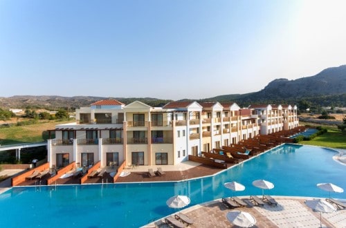 Hotel panorama at Lindos Imperial Resort on Rhodes Island, Greece. Travel with World Lifetime Journeys