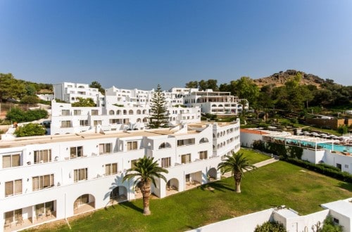 Hotel panorama at Lindos Village Resort in Rhodes, Greece. Travel with World Lifetime Journeys