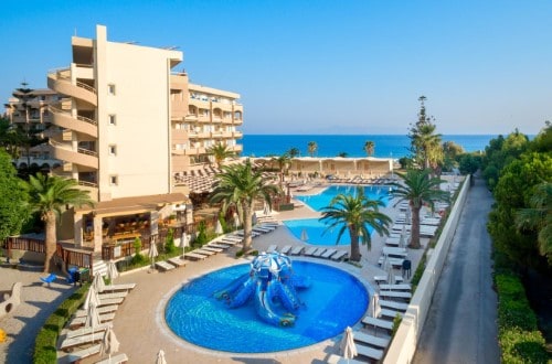 Hotel panorama at Sun Beach Resort Complex Hotel in Rhodes, Greece. Travel with World Lifetime Journeys