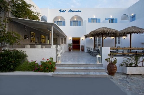 Main entrance at Alexandra Hotel in Santorini, Greece. Travel with World Lifetime Journeys