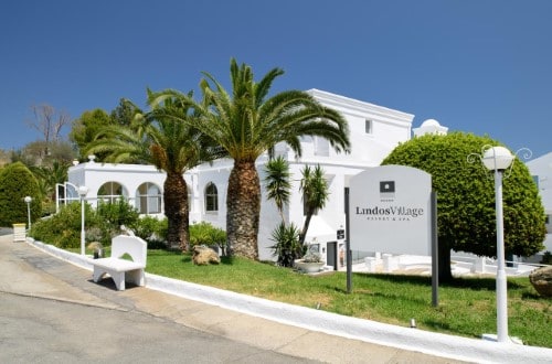 Maine entrance at Lindos Village Resort in Rhodes, Greece. Travel with World Lifetime Journeys