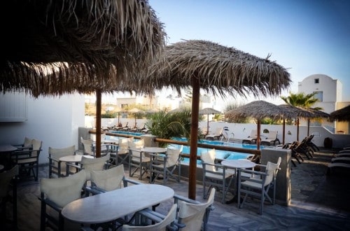 Outside terrace at Alexandra Hotel in Santorini, Greece. Travel with World Lifetime Journeys