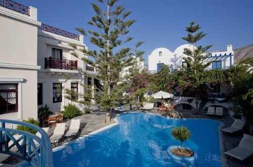 Pool side at Veggera Hotel in Santorini, Greece. Travel with World Lifetime Journeys