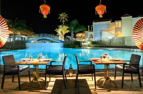 Pool side terrace at Lindos Imperial Resort on Rhodes Island, Greece. Travel with World Lifetime Journeys