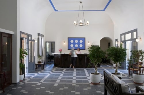 Reception area at Rosebay Hotel in Santorini, Greece. Travel with World Lifetime Journeys