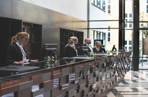 Reception area at Skt Petri Hotel in Copenhagen, Denmark. Travel with World Lifetime Journeys