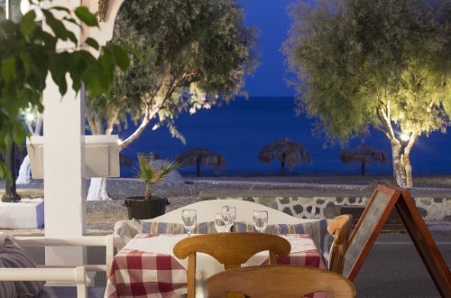 Terrace restaurant at Veggera Hotel in Santorini, Greece. Travel with World Lifetime Journeys