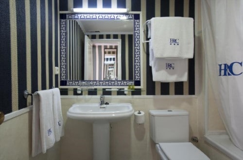 Ensuite bathroom at HRC Hotel in Madrid, Spain. Travel with World Lifetime Journeys!