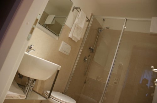 Ensuite bathroom at Hotel Aniene in Rome, Italy. Travel with World Lifetime Journeys