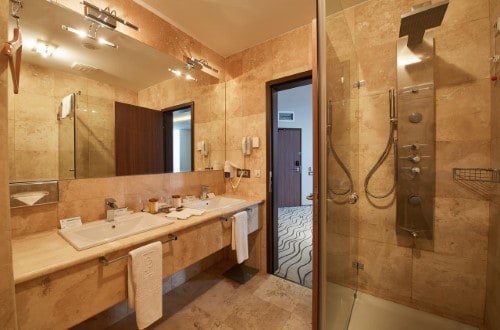 Ensuite bathroom at Premier Palace Spa Hotel in Bucharest, Romania. Travel with World Lifetime Journeys